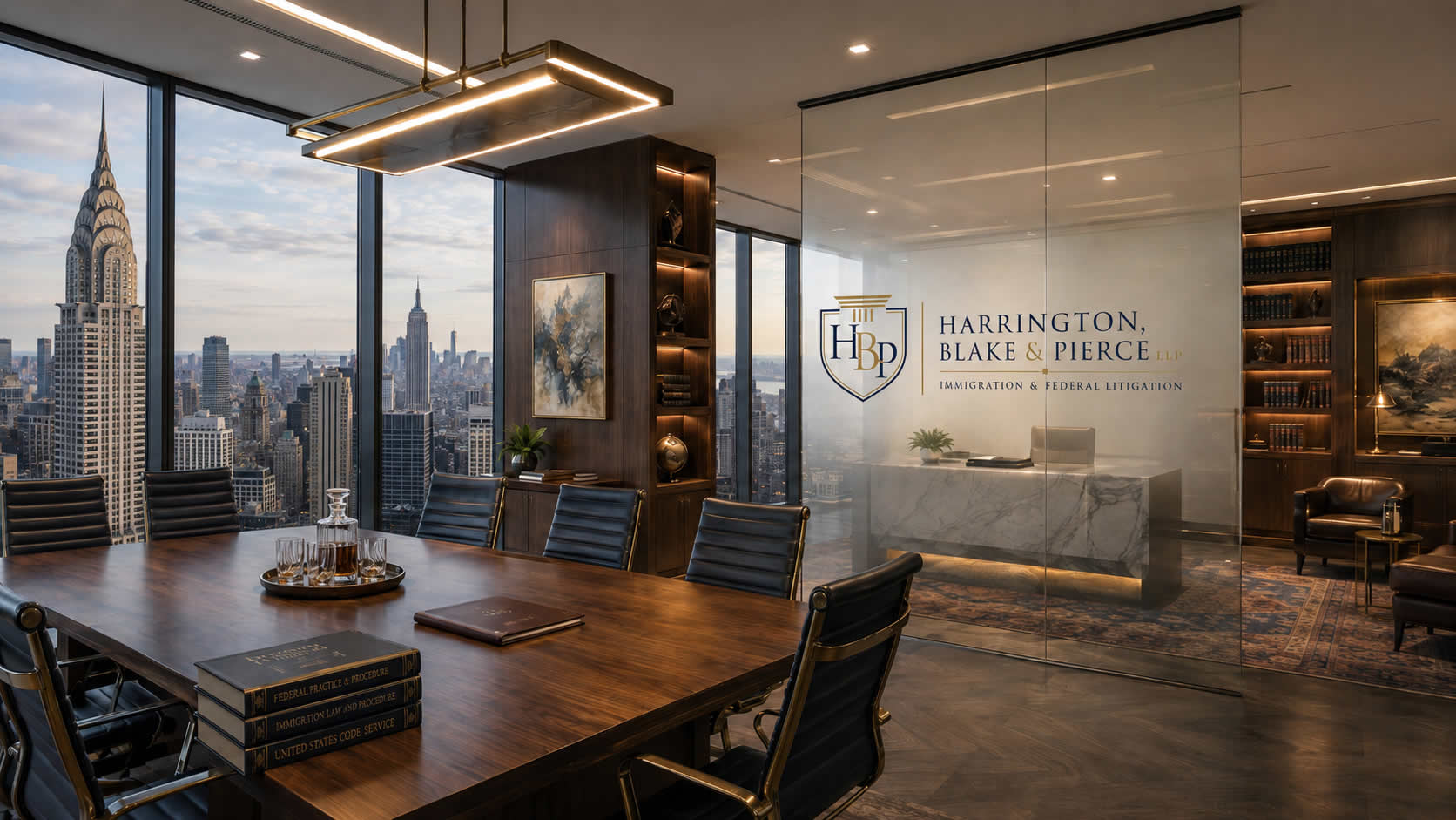 Harrington, Blake & Pierce LLP office setting overlooking Manhattan